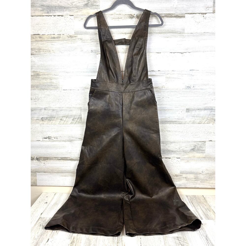 Storia Womens M Brown Vegan Leather Boho Retro Wide Leg Jumpsuit Overalls NEW